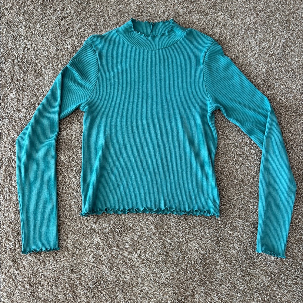 American Eagle Mock Neck L/S Ribbed Shirt Teal Size L